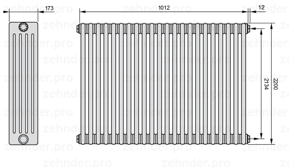 Схема (чертеж) Радиатор Zehnder Charleston 5220/22 №7610 Белый глянцевый RAL 9016